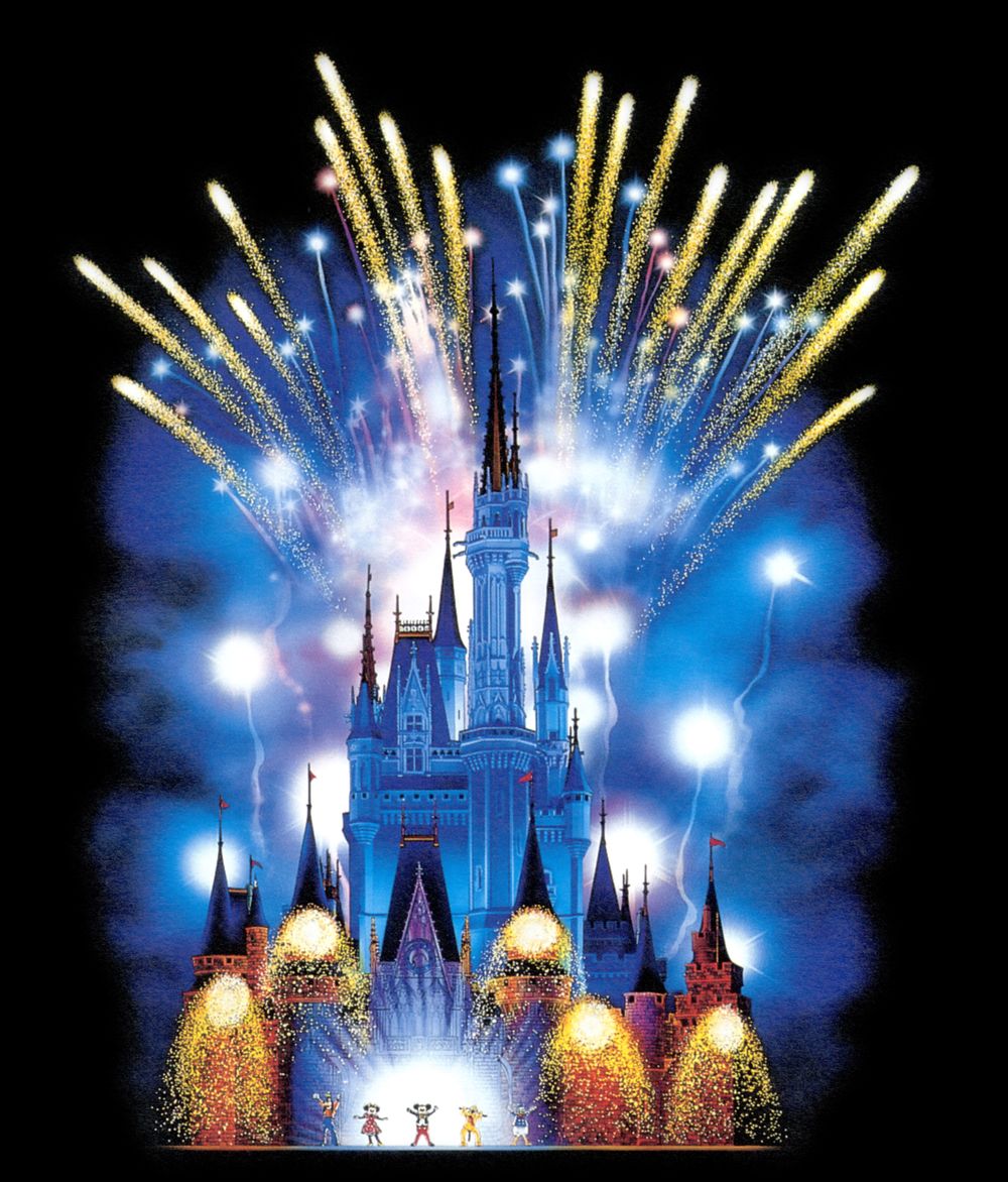 Cinderella Castle at Tokyo Disneyland lit gold and wrapped in fireworks during Starlight Magic