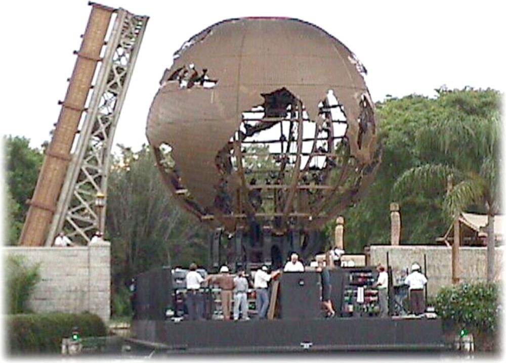 The steel-framed Video Globe under construction on site before the Epcot Millennium Celebration